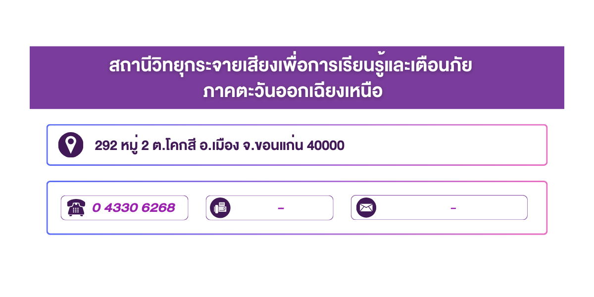 (หน้าย่อย) สถานีวิทยุกระจายเสียงเพื่อการเรียนรู้และเตือนภัย ภาคตะวันออกเฉียงเหนือ